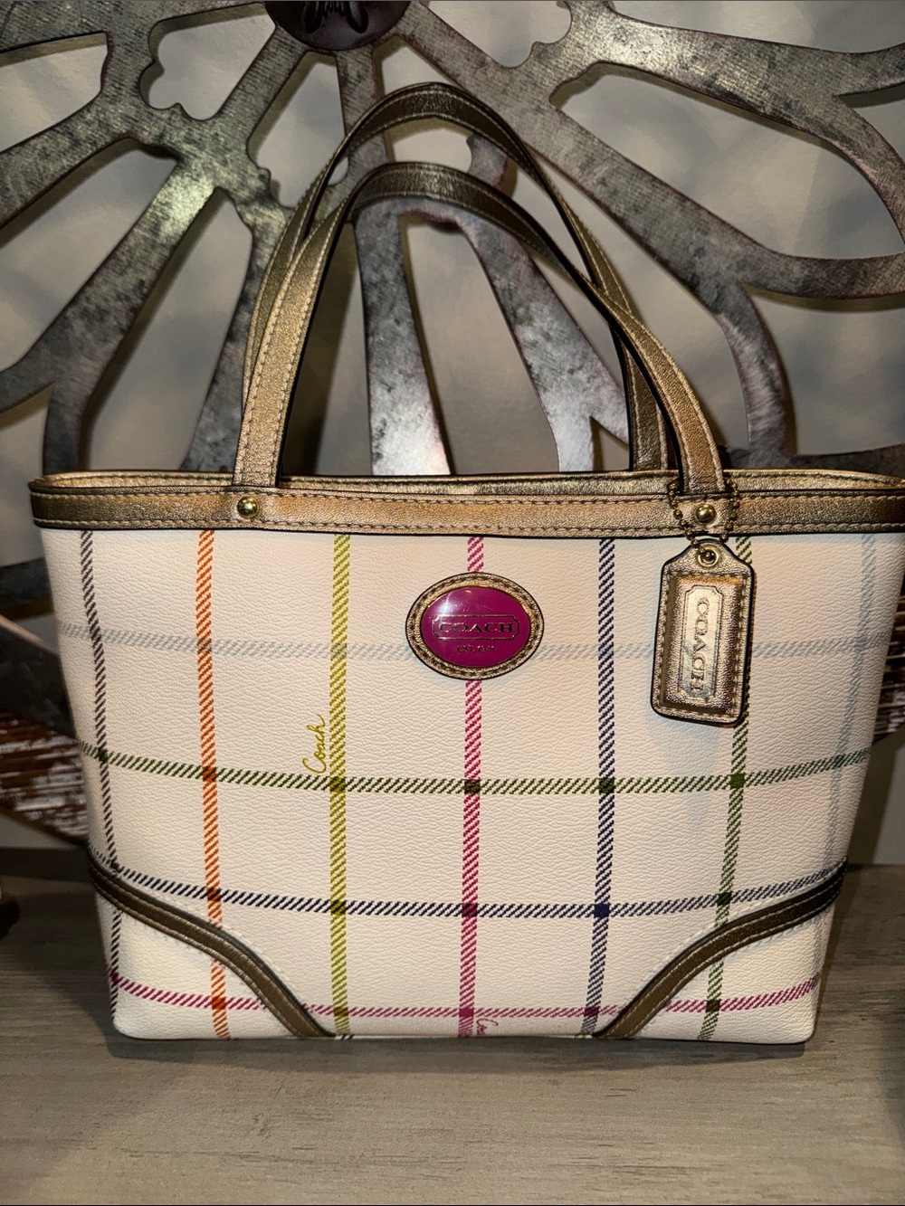 Coach Tattersall Cream Plaid Leather Tote with Metallic Gold Trim & hang tag